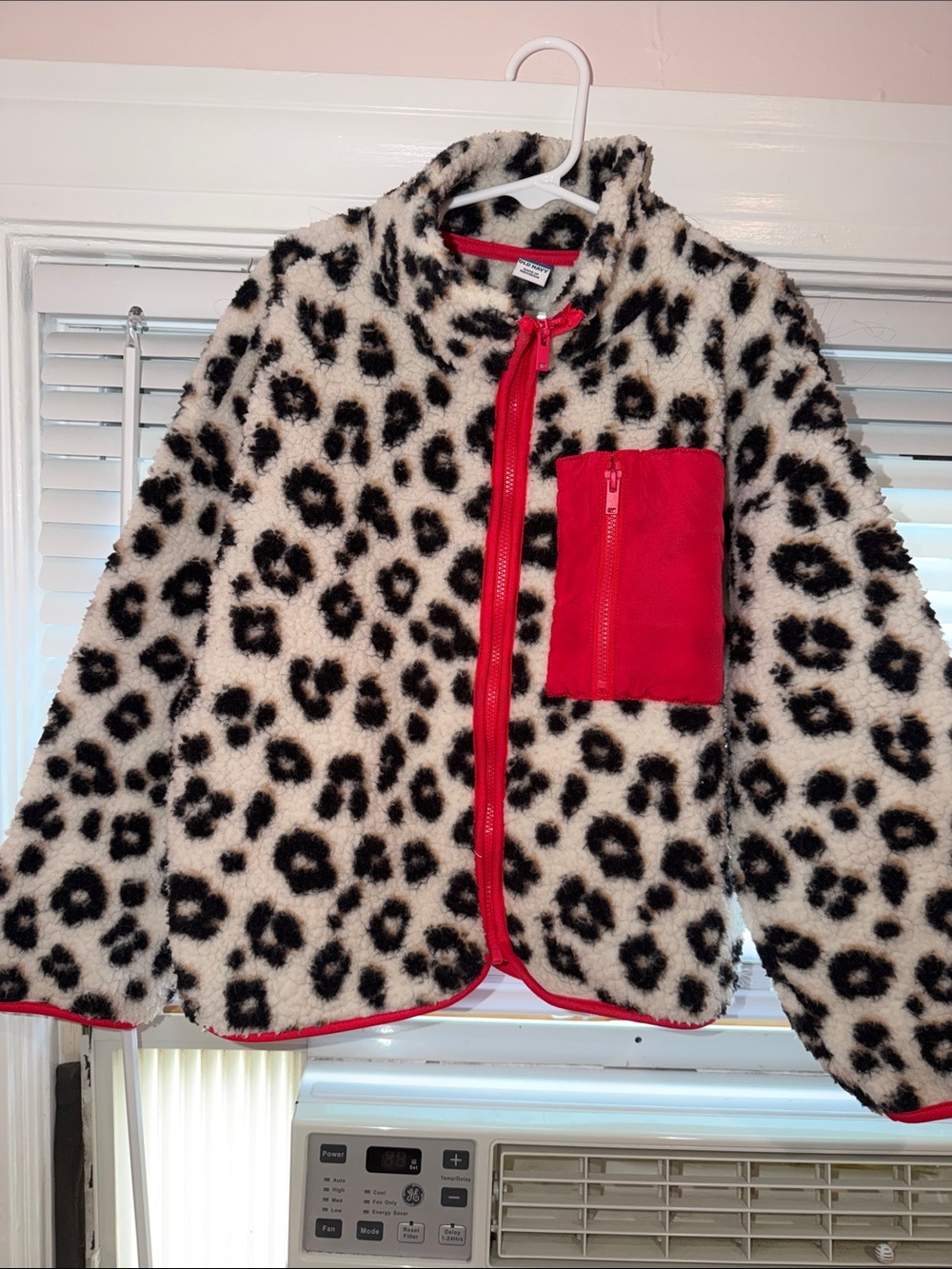 Old Navy Girls' Cream and Black Leopard Fleece Jacket with Red Trim